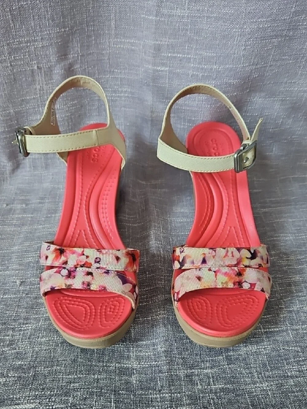 CROCS Pink Floral Wedge Sandals with Cream Ankle Strap